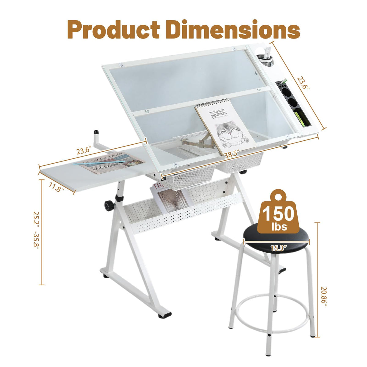 Drafting Table and Stool Set for Adults/Artists, Drawing Table with Adjustable Tabletop and Height, Art Workstation for Painters Crafting Reading Writing Home Office, All White