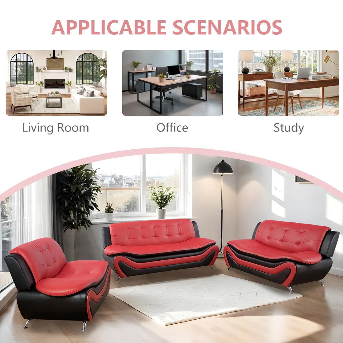 Leather Sectional Sofa Couches, Living Room Sofa and Loveseat Set, Faux Leather Couch and Loveseat Set for Office/Bedroom/Apartment, Cream