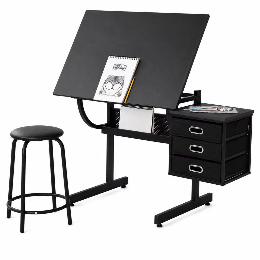 Adjustable Drawing Table with 3 Drawers & Stool, for Art & Work