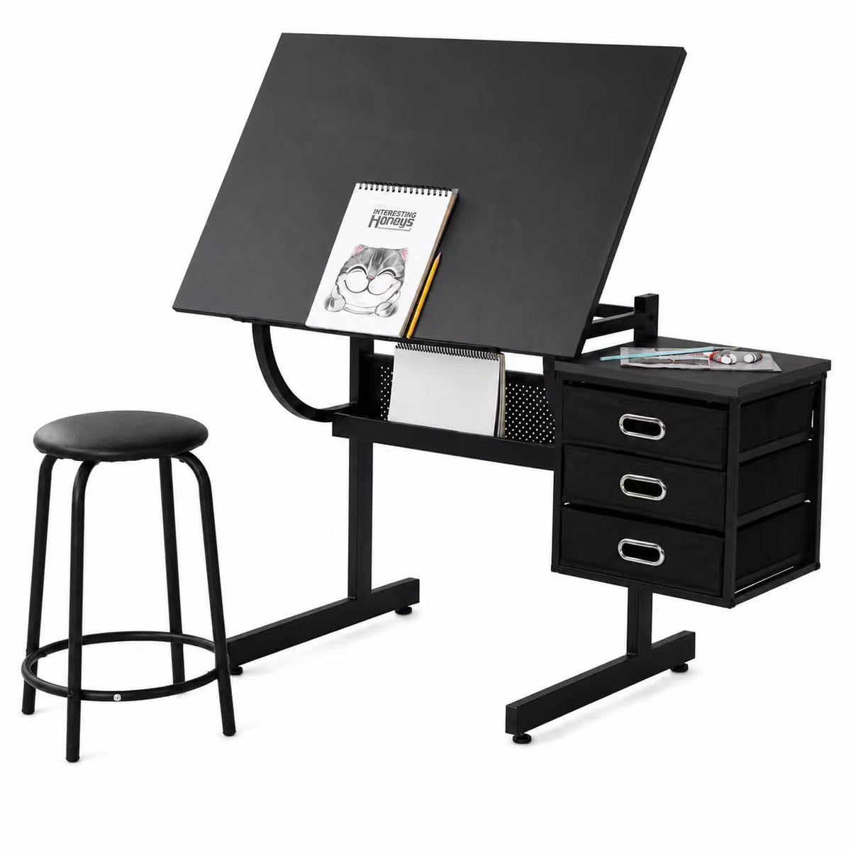 Adjustable Drawing Table with 3 Drawers & Stool, for Art & Work