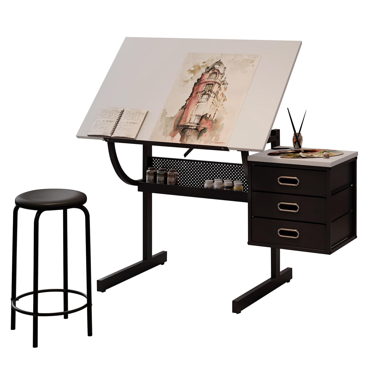 Drafting Table and Stool Set for Adults/Artists, Drawing Table with Adjustable Tabletop and Height, Art Workstation for Painters Crafting Reading Writing Home Office, All White