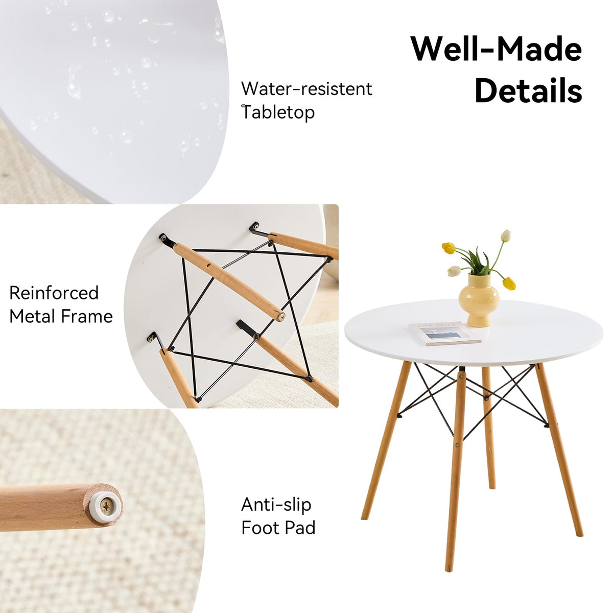 5-Piece Round Dining Set, 35.5" Black Table & Light Gray Chair
