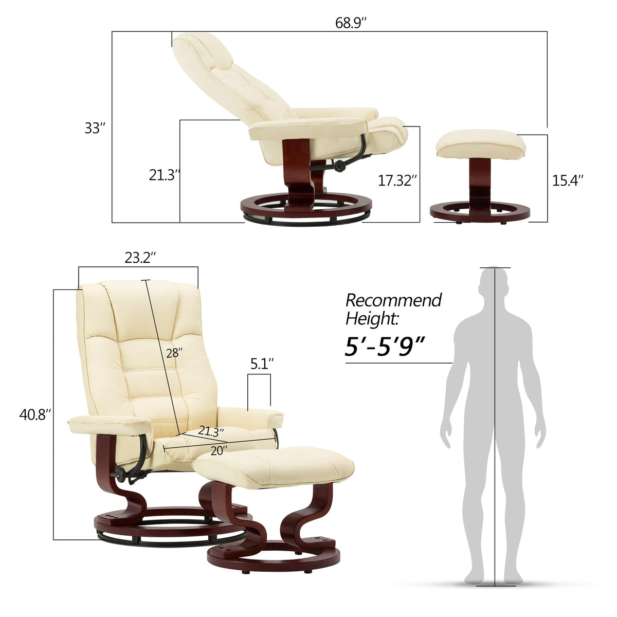 MCombo Manual Swivel Recliner with Ottoman, Faux Leather 9019