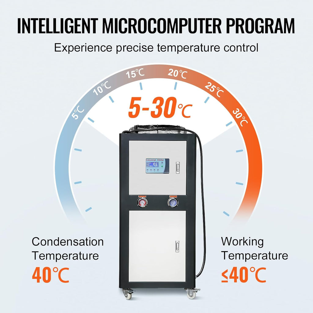 VEVOR Industrial Water Chiller - 60L Capacity, 9.4Hp Air-Cooled Chiller with Finned Condenser, Micro-Computer Control, Stainless Steel Tank