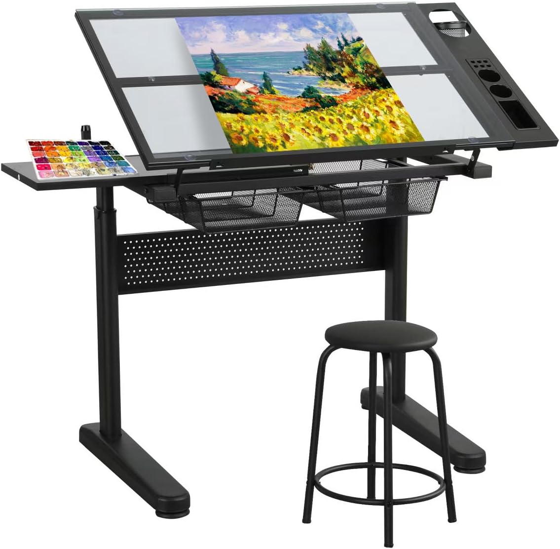 Glass Craft Table Drawing Desk â Drafting Tables Hobby Table Writing Studio Art Artist Desk with Adjustable Tilted Tabletop (Black-Newer)