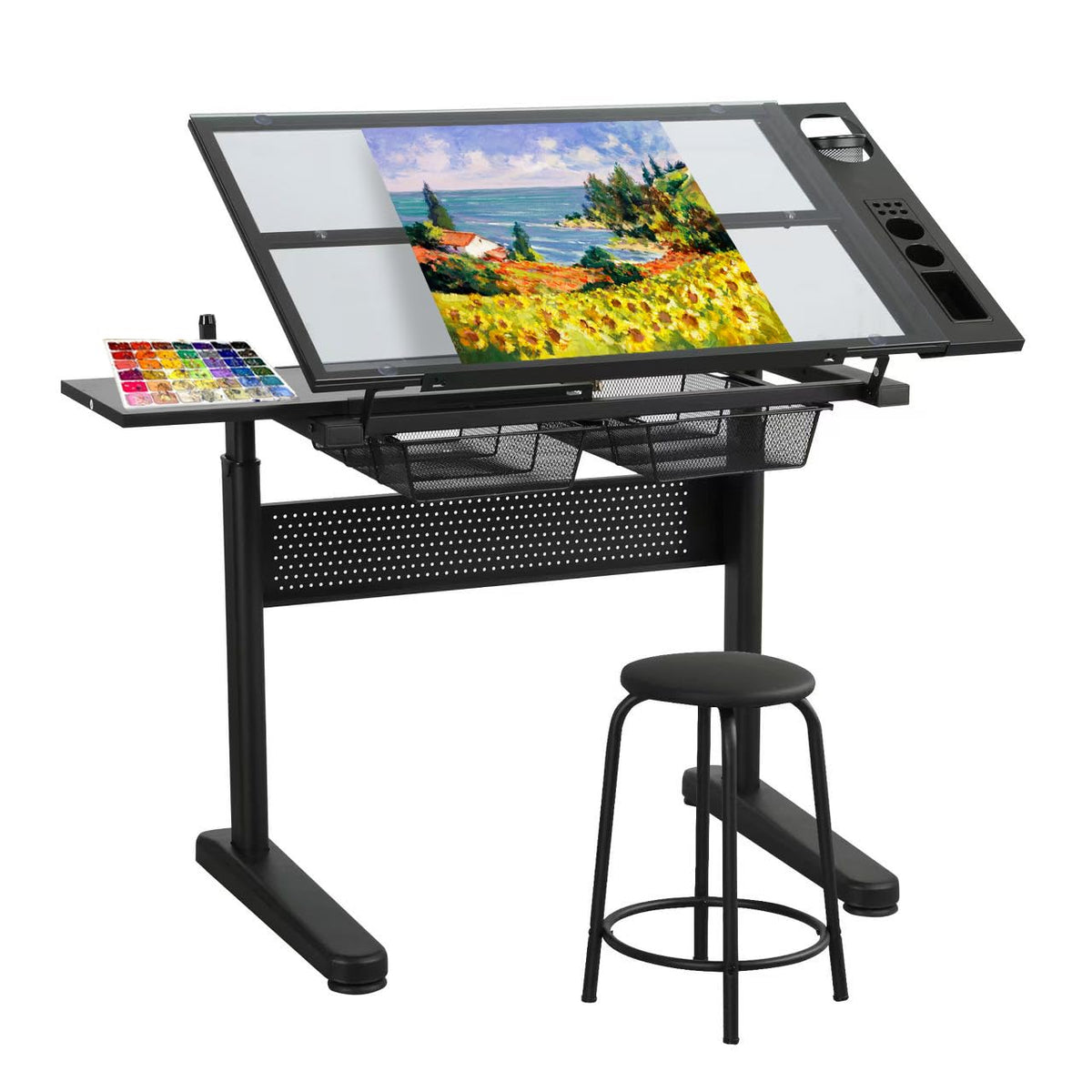 Adjustable Drawing Table for Artists | Drafting Desk with Tilted Glass Top | Art & Craft Table for Adults (Black, Classic Pro-27.16''- 35.82'' H)