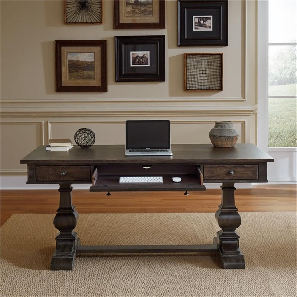 Pemberly Row 2-Piece Desk Set, Brown Finish, Writing Desk and Credenza, Full Extension Dovetail Drawers, Bead Molding, Durable Office Furniture for Home Study or Bedroom Work Area
