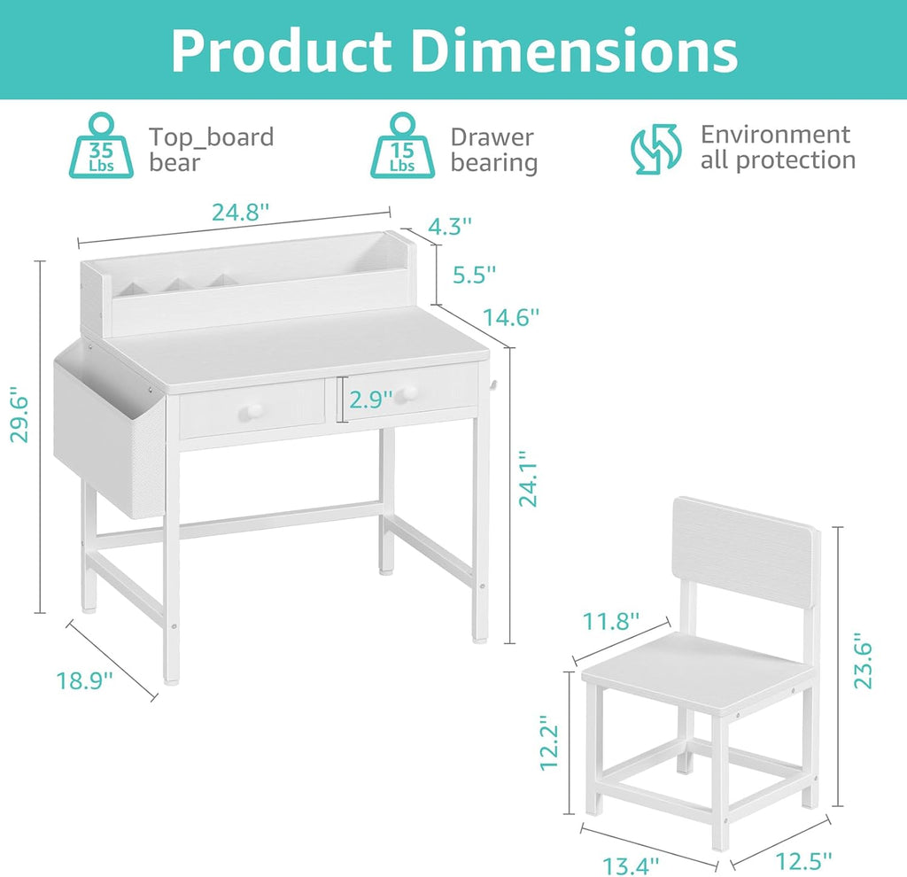 BOLUO White Kids Desk and Chair Set for 5-8 Year Old, Small Child Desk with Fabric Drawer, Children Study Table with Storage Toddler Girls Boys