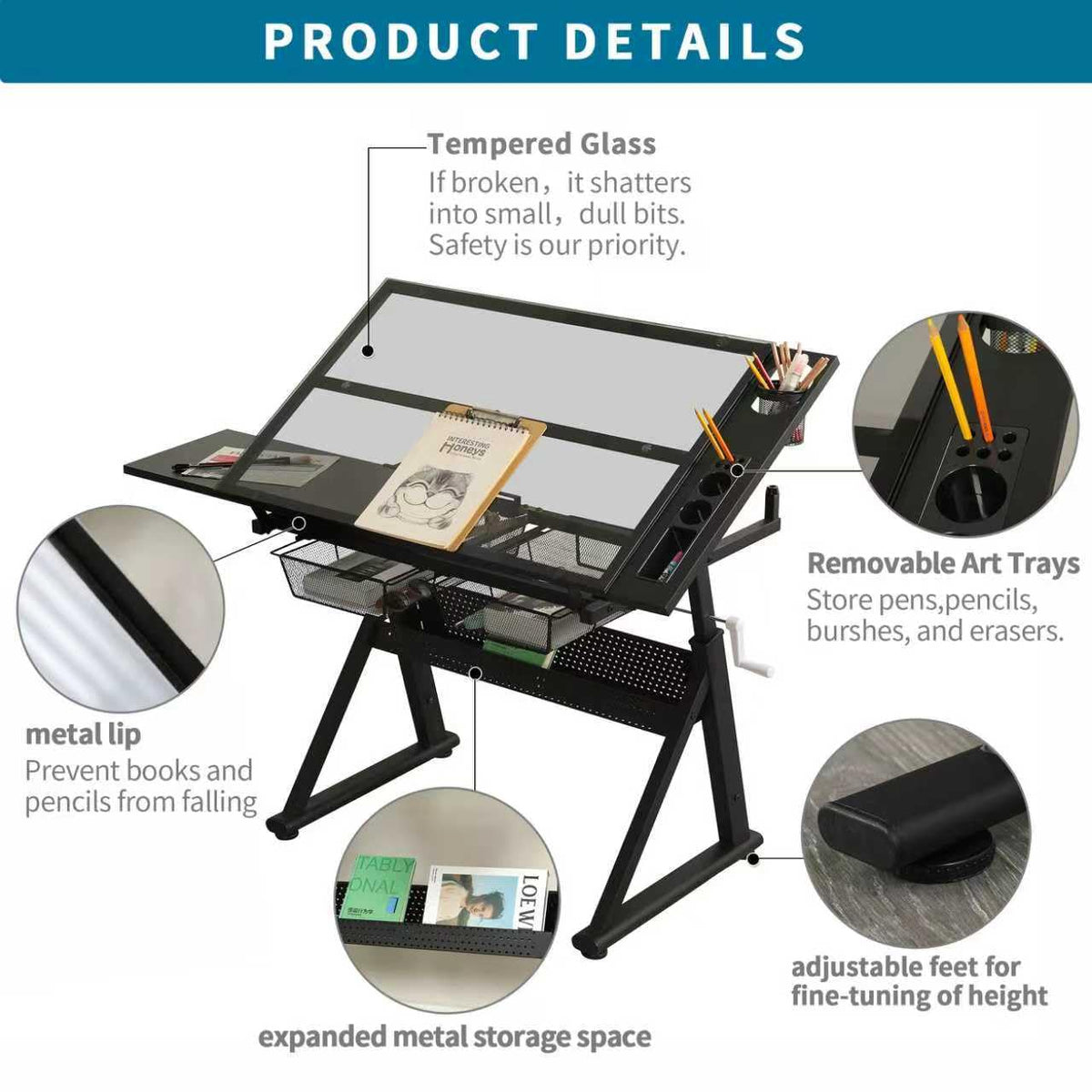 Adjustable Drawing Table for Artists | Drafting Desk with Tilted Glass Top | Art & Craft Table for Adults (Black, Classic Pro-27.16''- 35.82'' H)