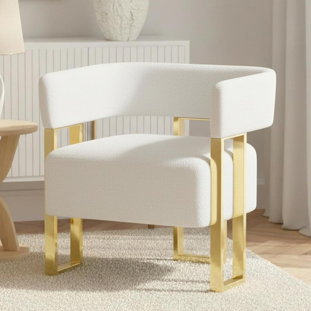 Mid Century Modern Accent Chair Set of 2, Barrel, White Boucle, Gold Leg
