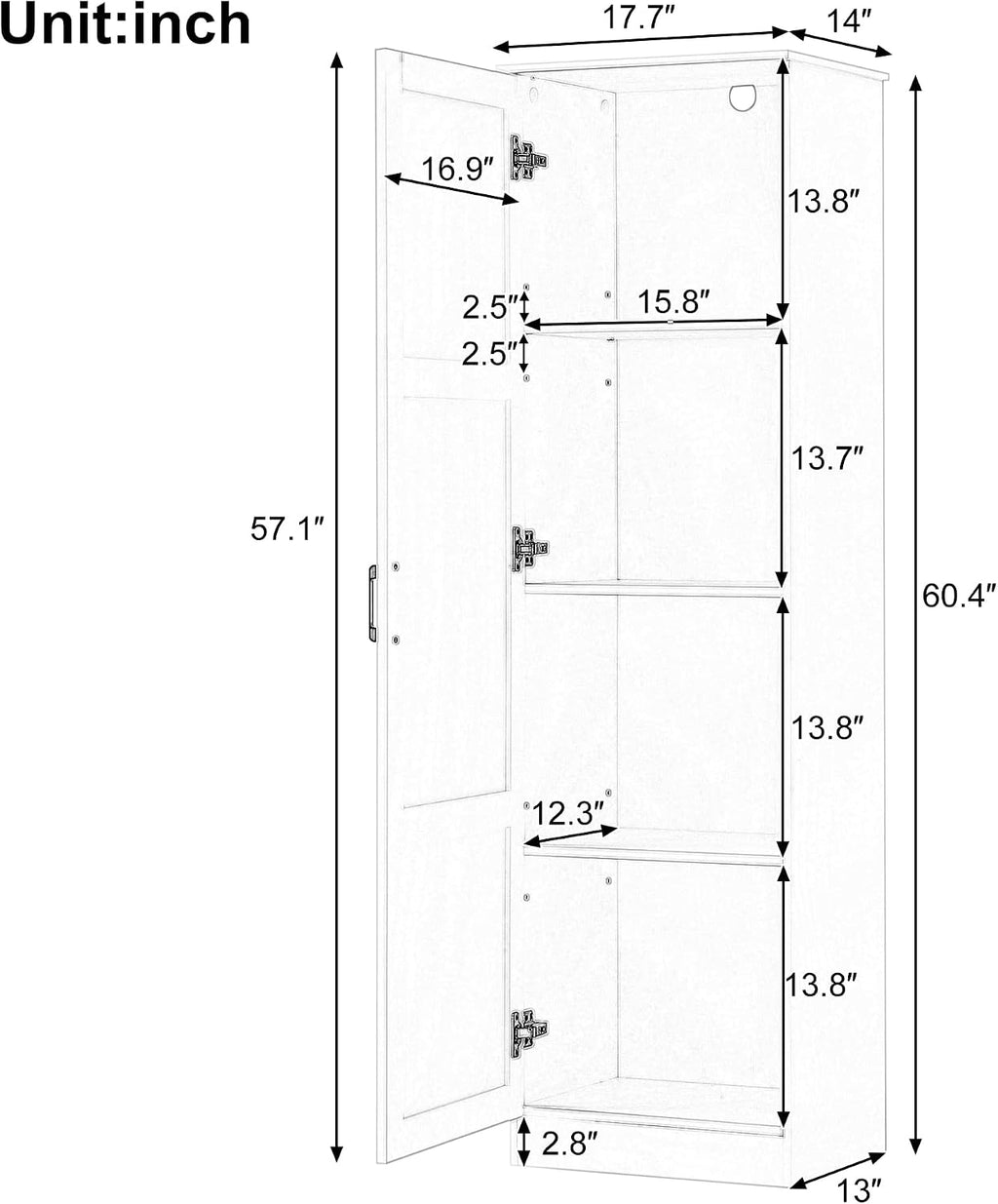 Merax 60" Tall Cabinet with Adjustable Shelves, Farmhouse Storage Cabinet Kitchen Pantry with Door for Living Room, Hallyway, Office or Bathroom, White