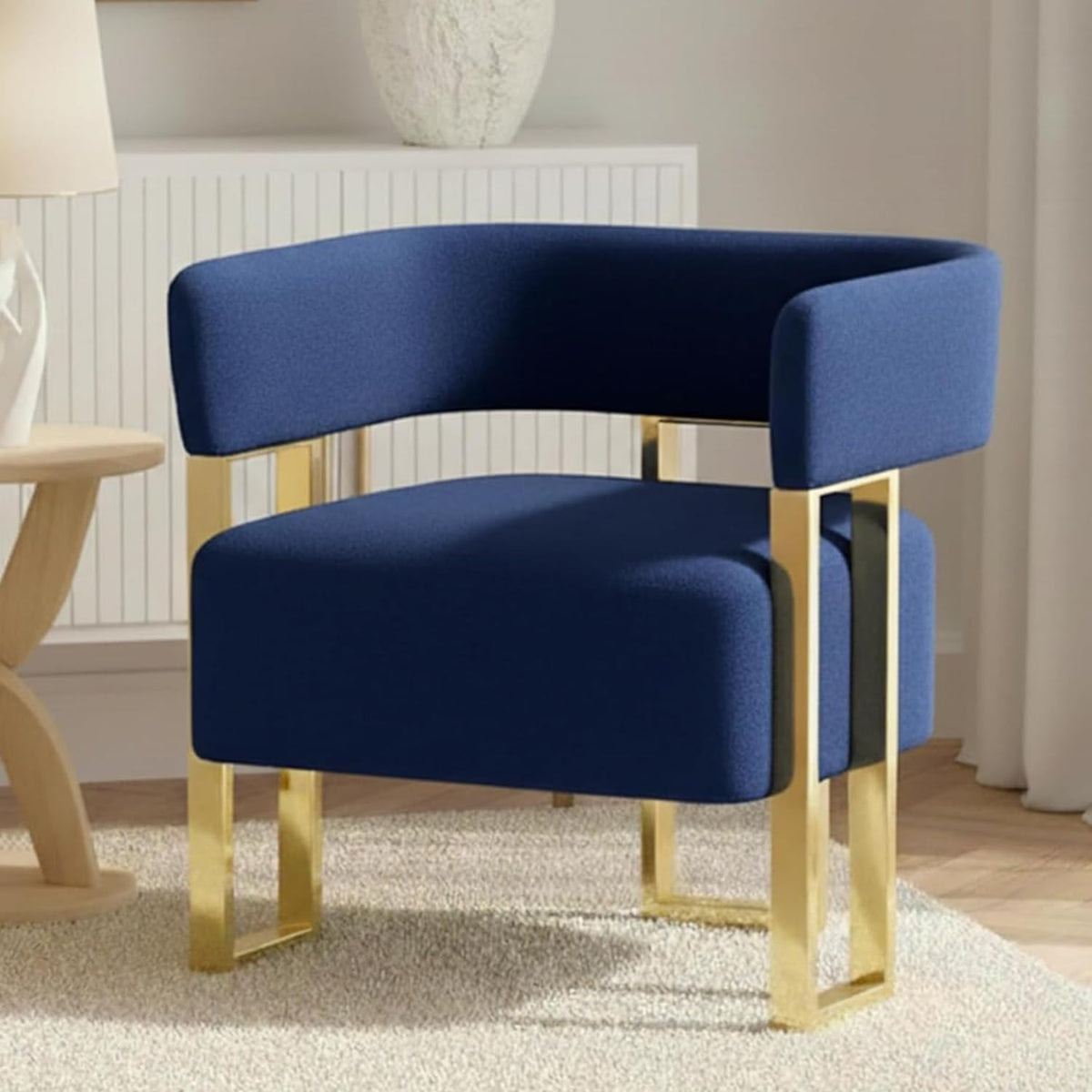 Mid Century Modern Accent Chair Set of 2, Barrel, White Boucle, Gold Leg