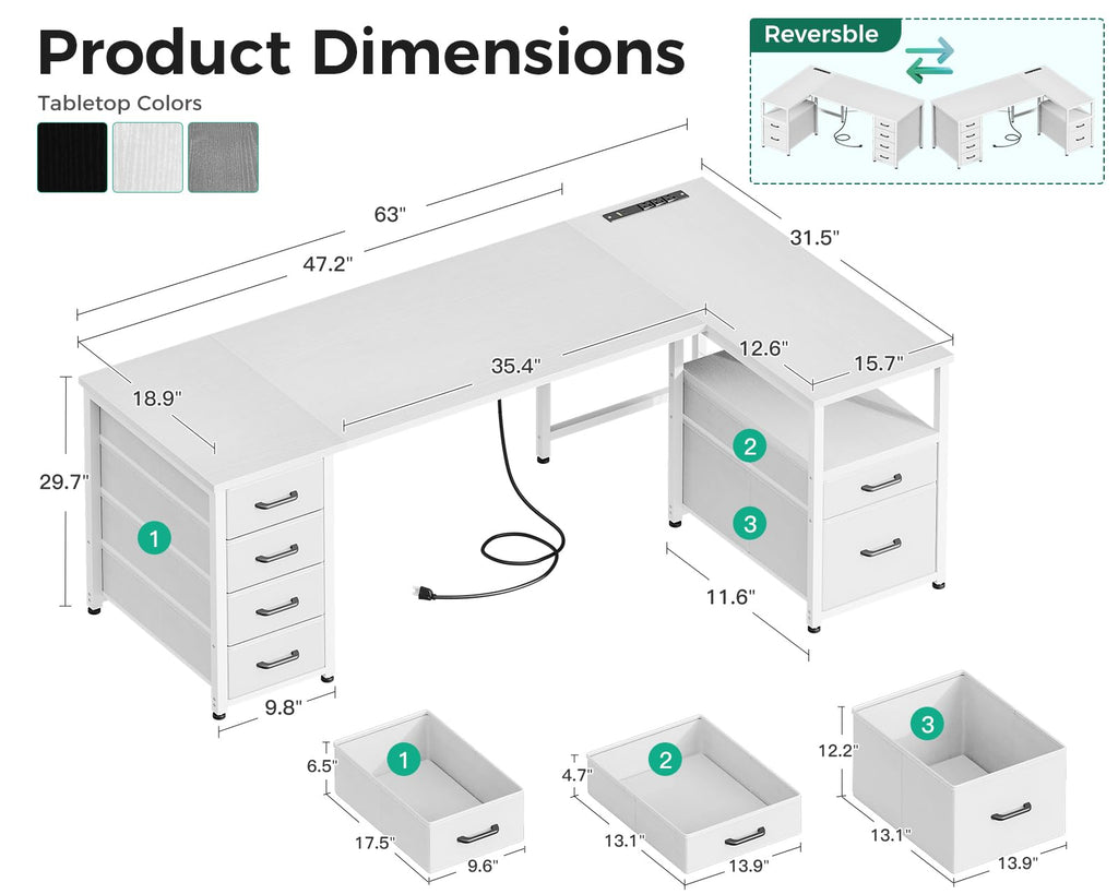 Coleshome 55 Inch L Shaped Office Desk with 6 Drawers, Power Outlet, White