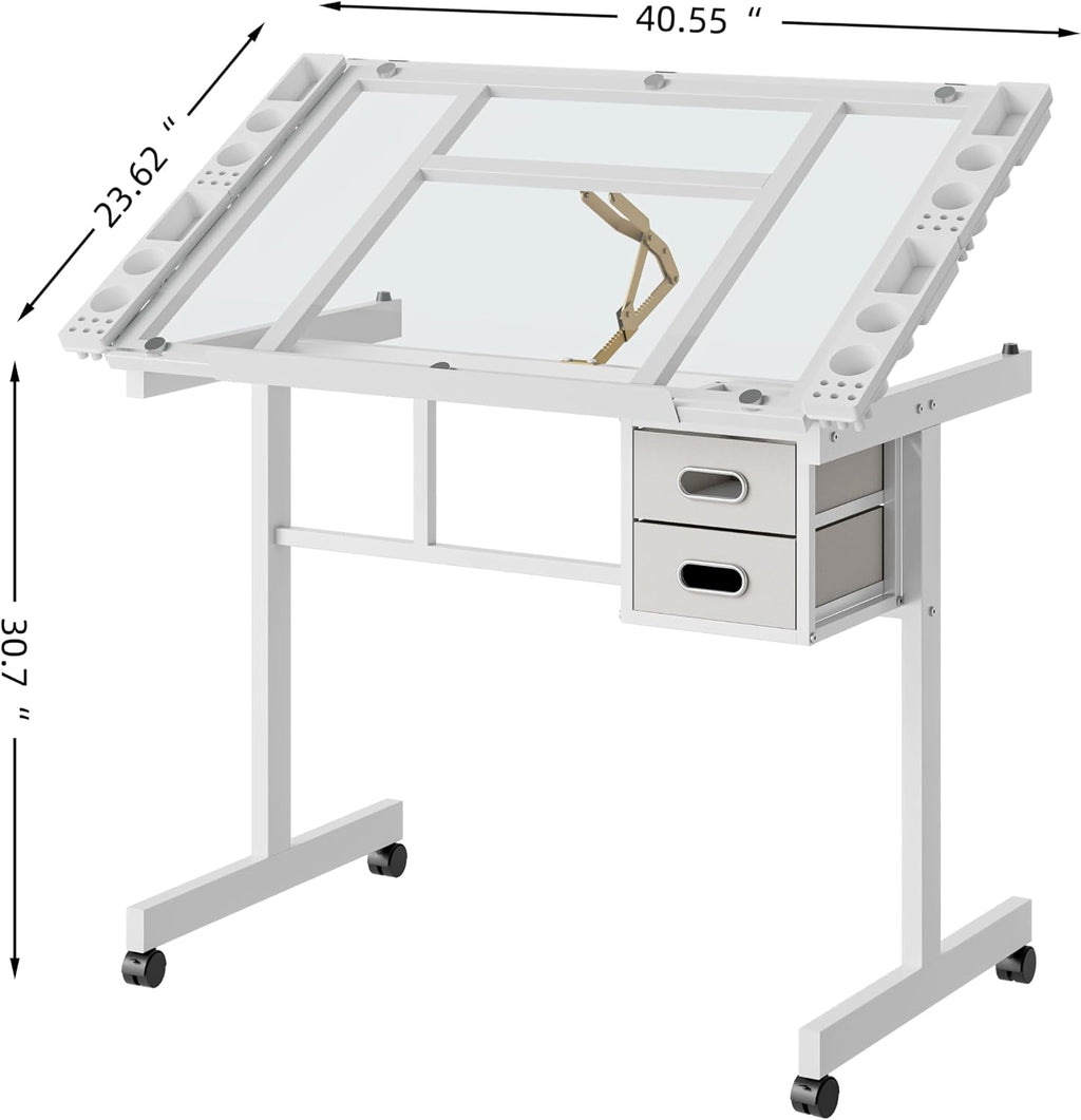 Drafting Table with Storage, Art Desk for Drawing Crafting, Adjustable Glass Top 0-70Â°, 2 Drawers & Wheels, Multifunctional Art Table for Home Office (White)