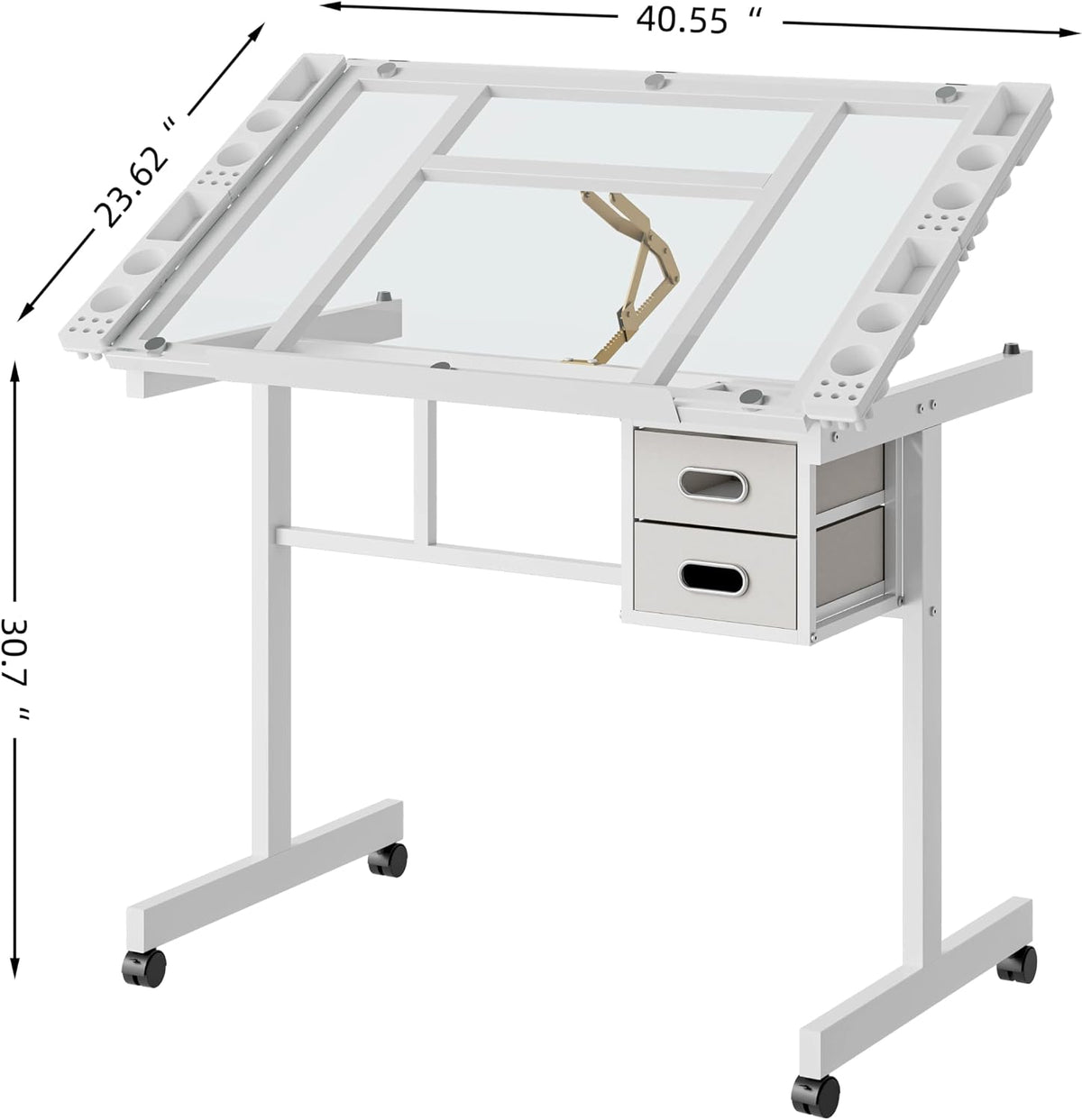 Drafting Table with Storage, Art Desk for Drawing Crafting, Adjustable Glass Top 0-70Â°, 2 Drawers & Wheels, Multifunctional Art Table for Home Office (White)