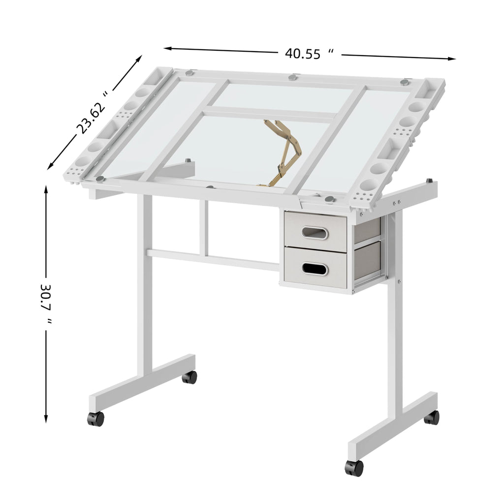Adjustable Drafting Table with Stool, 0-75Â° Tilting Art Desk, White