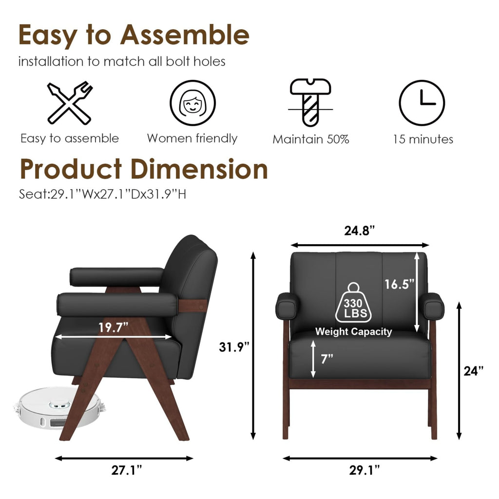 STHOUYN Faux Leather Accent Chairs Set of 2, Wooden Arm Chairs (Black)