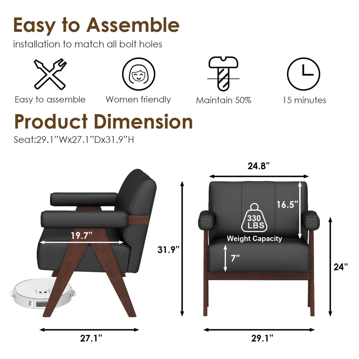 STHOUYN Faux Leather Accent Chairs Set of 2, Wooden Arm Chairs (Black)