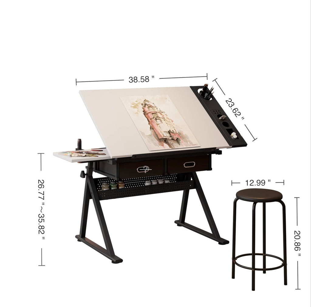 Height Adjustable Drafting Art Table for Adults, White Tempered Glass Drafting Drawing Printing Table Desk with Stool, 0-75Â° Tilting Tabletop Art Drawing Table for Drawing,Hand Crank