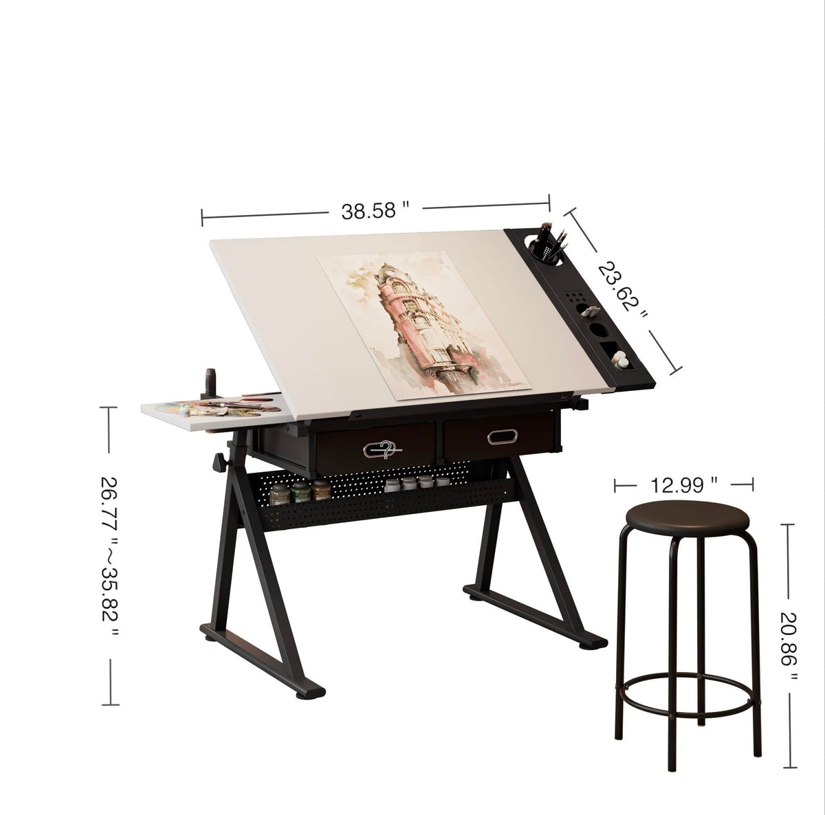 Height Adjustable Drafting Art Table for Adults, White Tempered Glass Drafting Drawing Printing Table Desk with Stool, 0-75Â° Tilting Tabletop Art Drawing Table for Drawing,Hand Crank