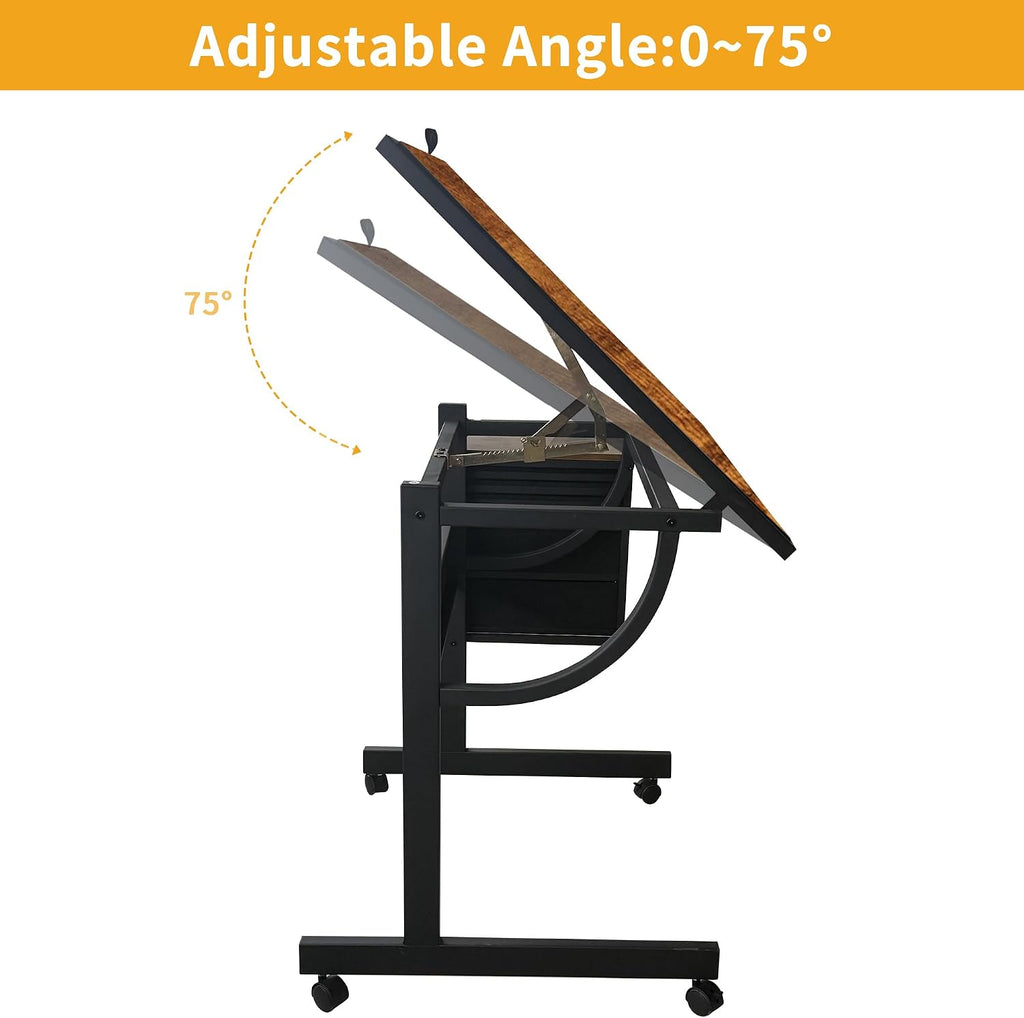 2 in 1 Puzzle Table Double-Sided with Wheels, Adjustable Drafting Desk with Drawers, Felt Storage Trays,, Art Table with 75Â° Tilted Tabletop, Painting Work Station for Home Office, Crafting, Brown