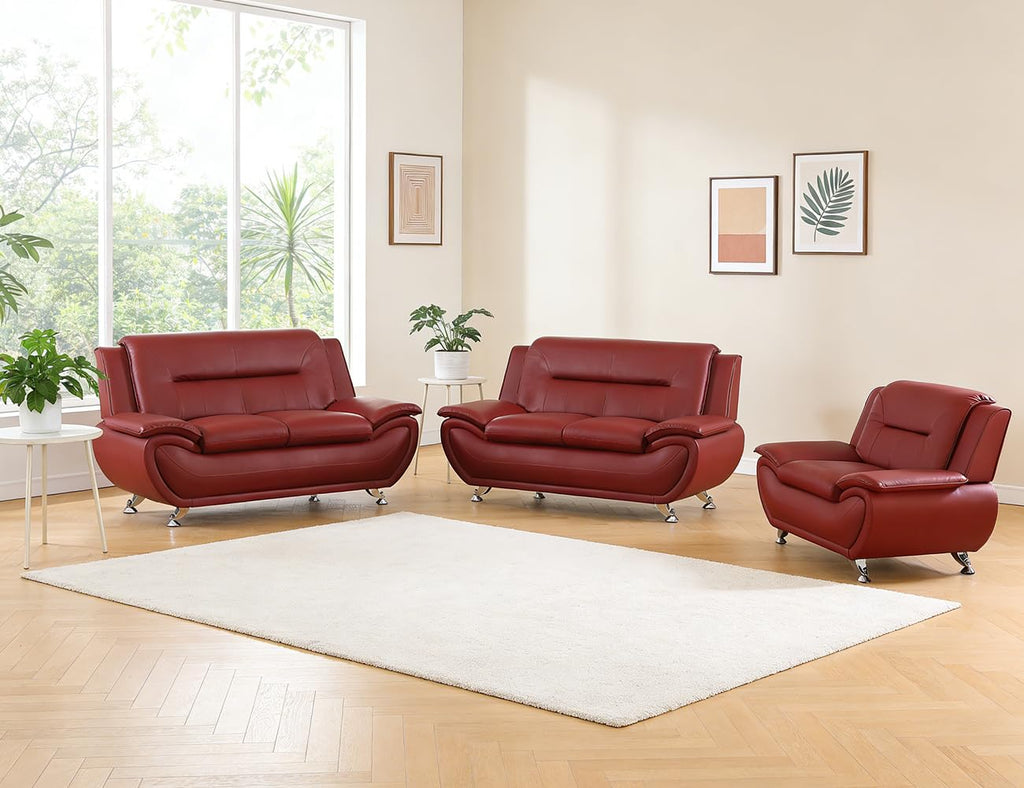 Leather Sectional Sofa Couches, Living Room Sofa and Loveseat Set, Faux Leather Couch and Loveseat Set for Office/Bedroom/Apartment, Cream
