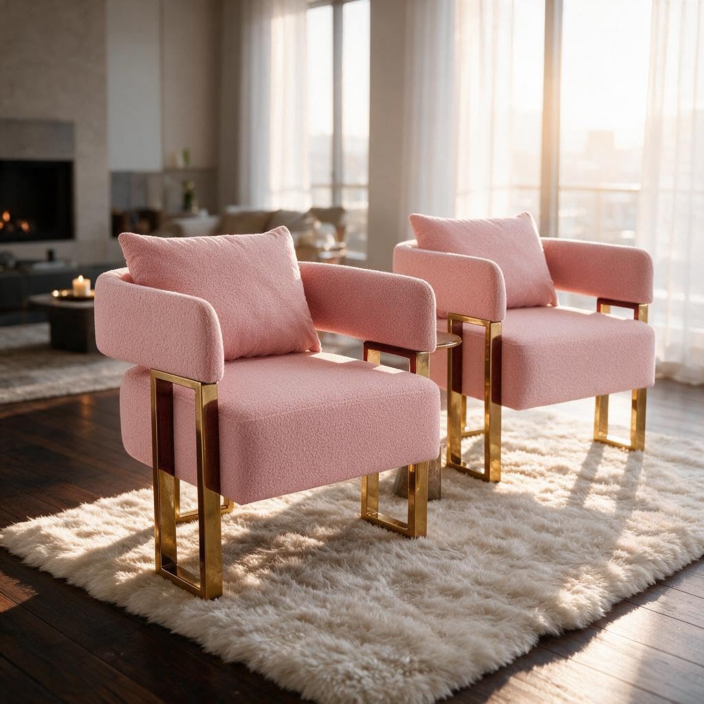 YISHENG Modern Barrel Accent Chairs Set of 2, Living Room Side Chairs with Golden Metal Legs Soft Upholstered Reading Armchairs no Wheels for Vanity/Reception Room//Bedroom/Lounge/Office,Black Teddy