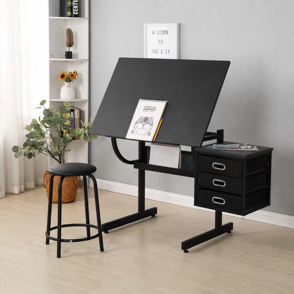 White Drafting Table with Stool, Height Adjustable Art Craft Desk with Tilting Tempered Glass Tabletop, Expansion Board, Multi-Storage, Drawing Table for Studio, Artists, Home Office, Painters, White