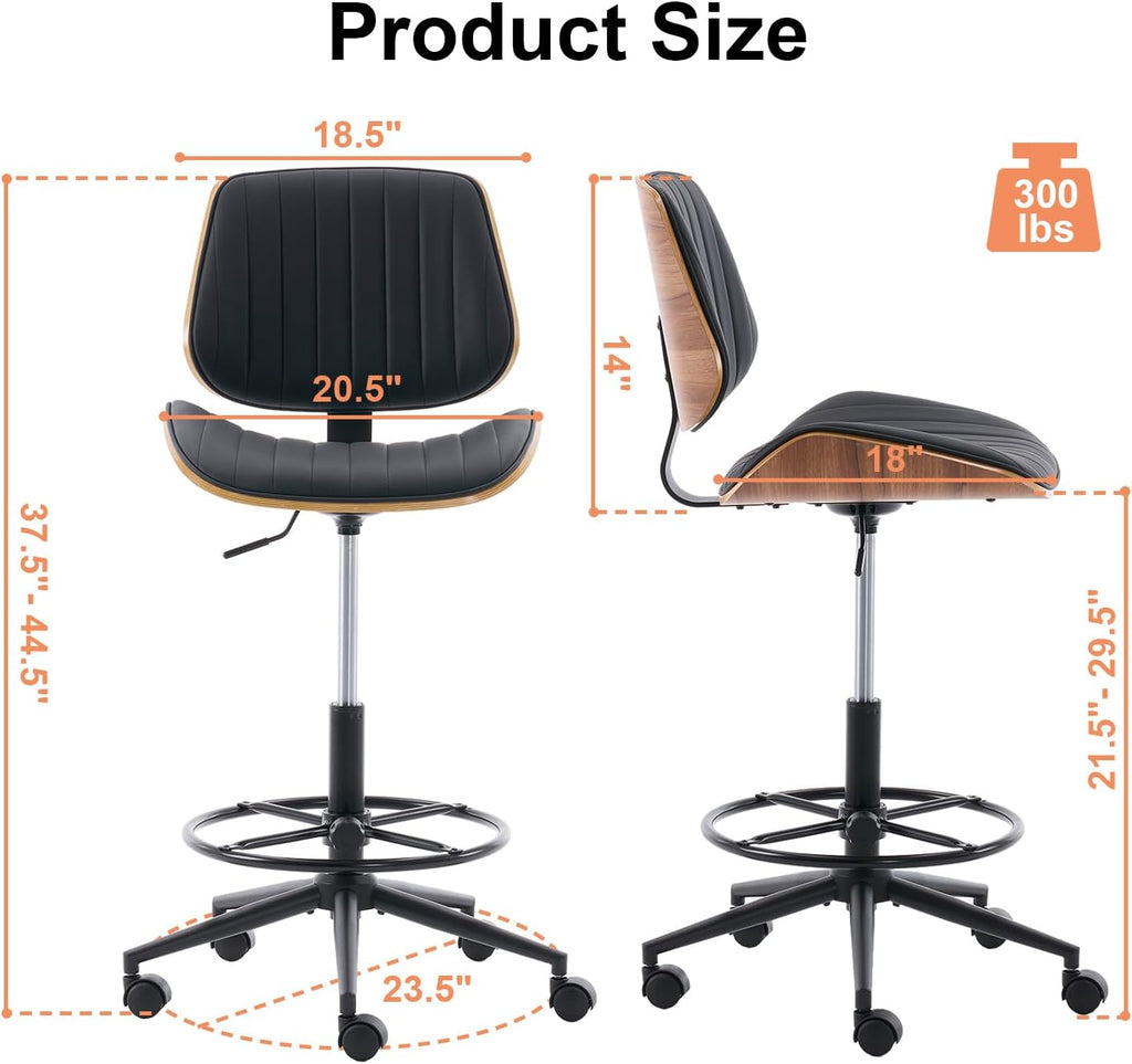 Drafting Chair, Ergonomic Office Chair with Walnut Wood Back Support, Armless PU Leather Desk Chair with Height-Adjustable, Thick Cushion for Home Office, Drafting, Art Studio (Black)