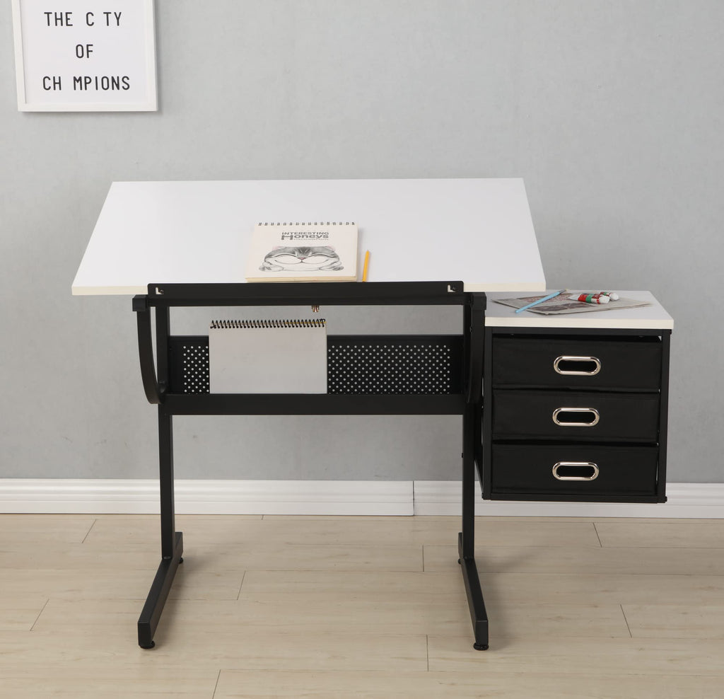 Drafting Table, Drawing Desk for Artists Adults Architect, Art Desk with Stool and 3 Non-Woven Storage Drawers, Height Adjustable Tilted Tabletop, Painting Studio Design Work Station, Rustic Brown