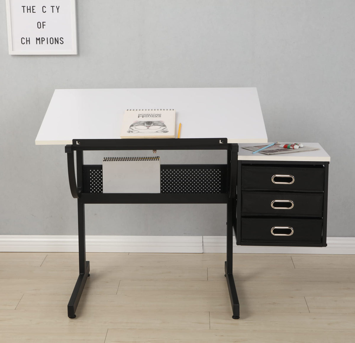 Drafting Table, Drawing Desk for Artists Adults Architect, Art Desk with Stool and 3 Non-Woven Storage Drawers, Height Adjustable Tilted Tabletop, Painting Studio Design Work Station, Rustic Brown