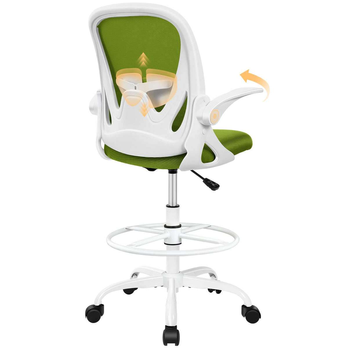 Drafting Chair Tall Office Chair with Flip-up Armrests, Adjustable Height, and Enhanced Lumbar Support - Ergonomic Rolling Stool, Back Support, and Adjustable Foot Rest Ring for Standing Desk White