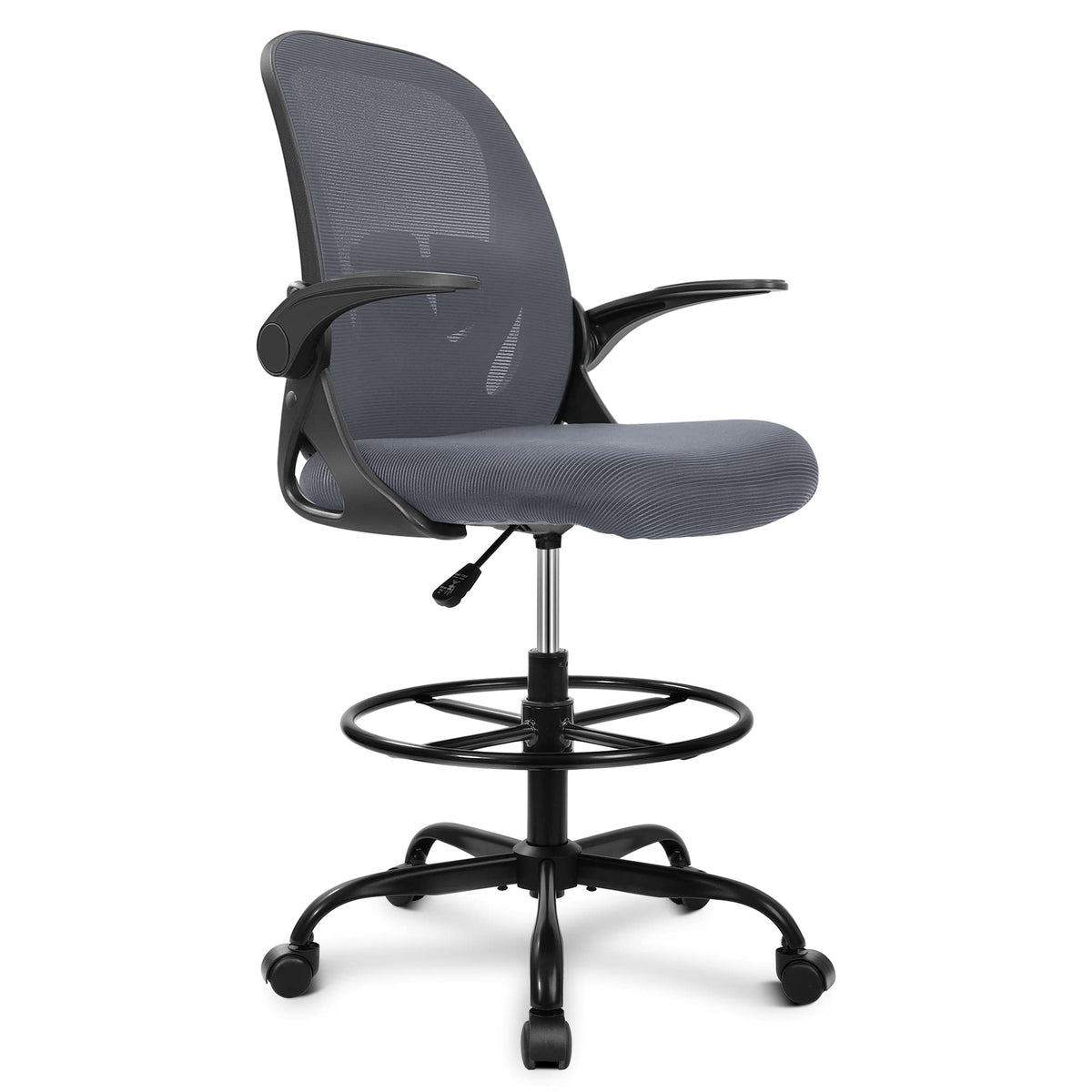 Drafting Chair Tall Office Chair with Flip-up Armrests, Adjustable Height, and Enhanced Lumbar Support - Ergonomic Rolling Stool, Back Support, and Adjustable Foot Rest Ring for Standing Desk White