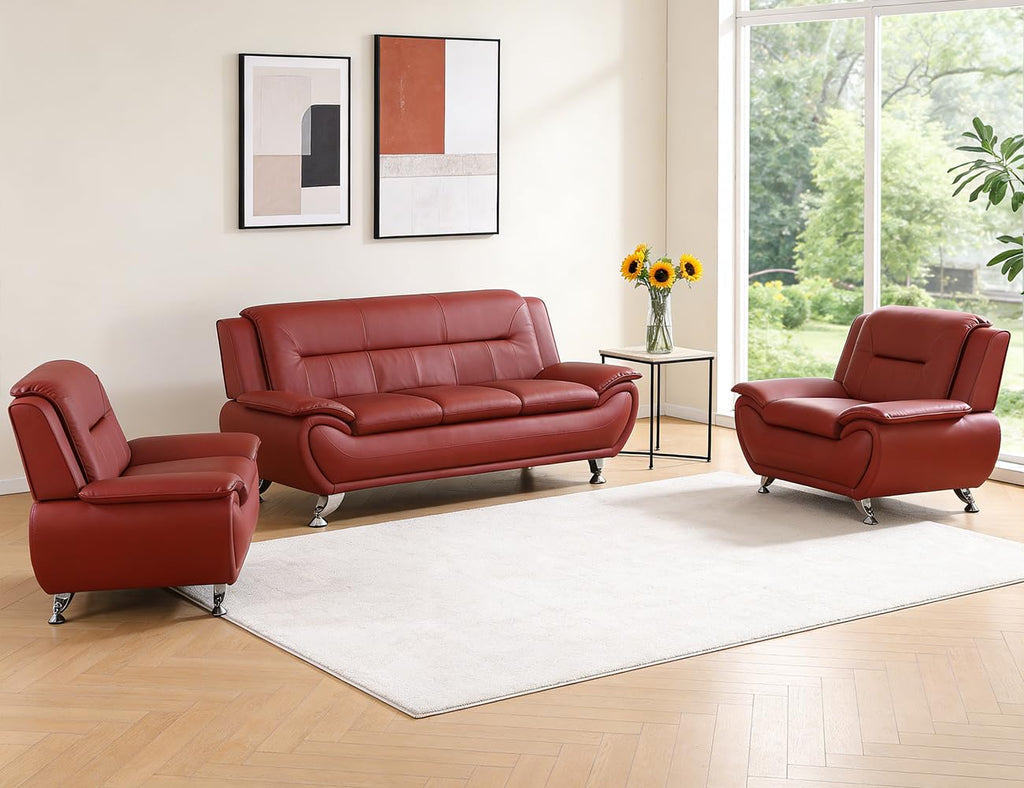 Leather Sectional Sofa Couches, Living Room Sofa and Loveseat Set, Faux Leather Couch and Loveseat Set for Office/Bedroom/Apartment, Cream