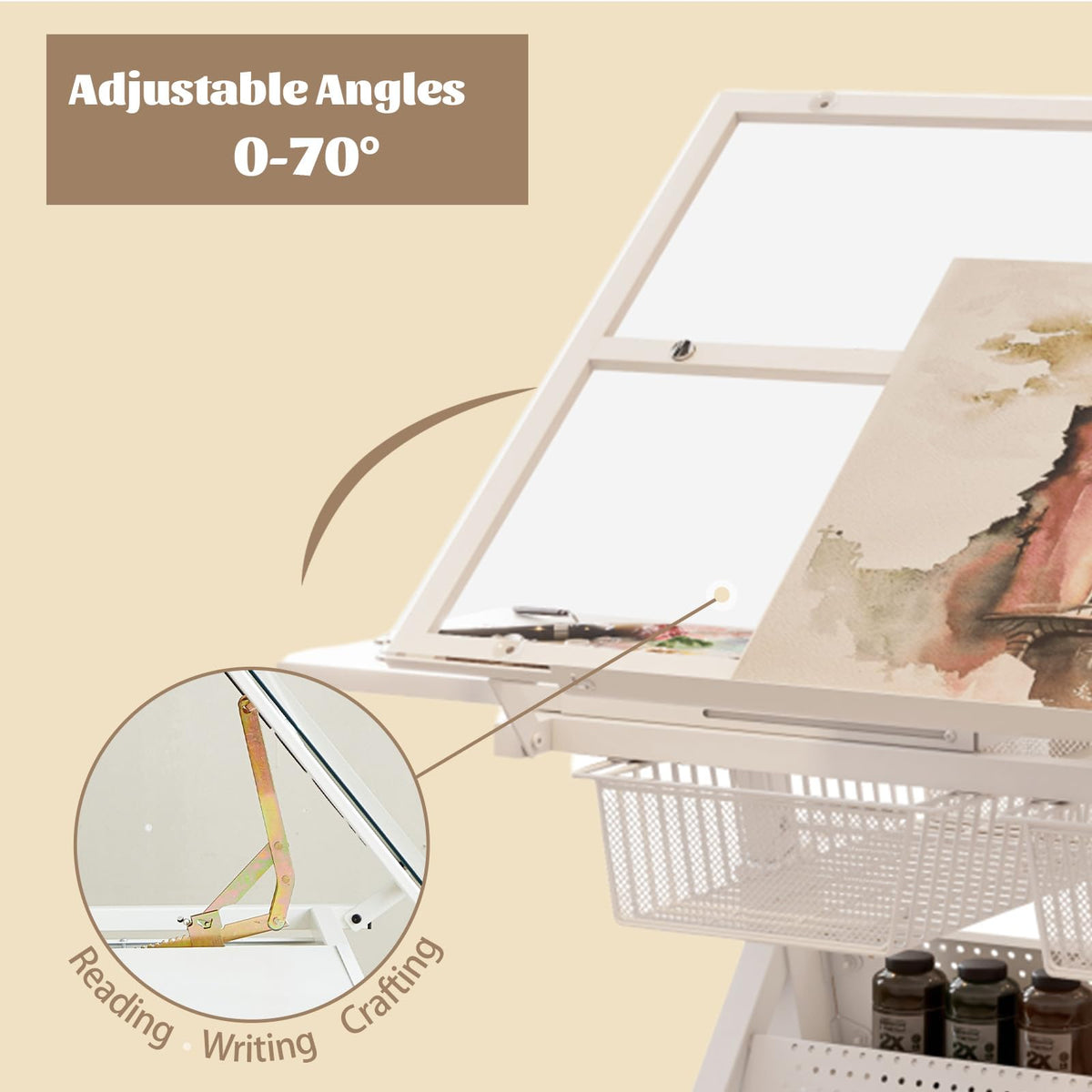 Black Drafting Table Desk w/Stool, Painting Table Art Craft Desk Crafting Table with Tilting Tempered Glass Top, 2 Storage Drawers, Height Adjustable