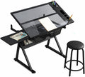 Adjustable Drafting Table with Chair, Tilting Tempered Glass Desk