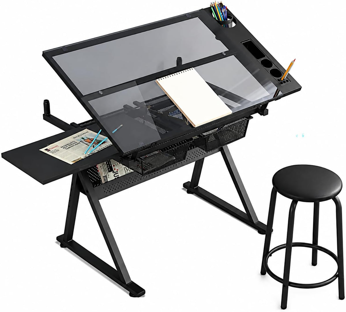 Adjustable Drafting Table with Chair, Tilting Tempered Glass Desk