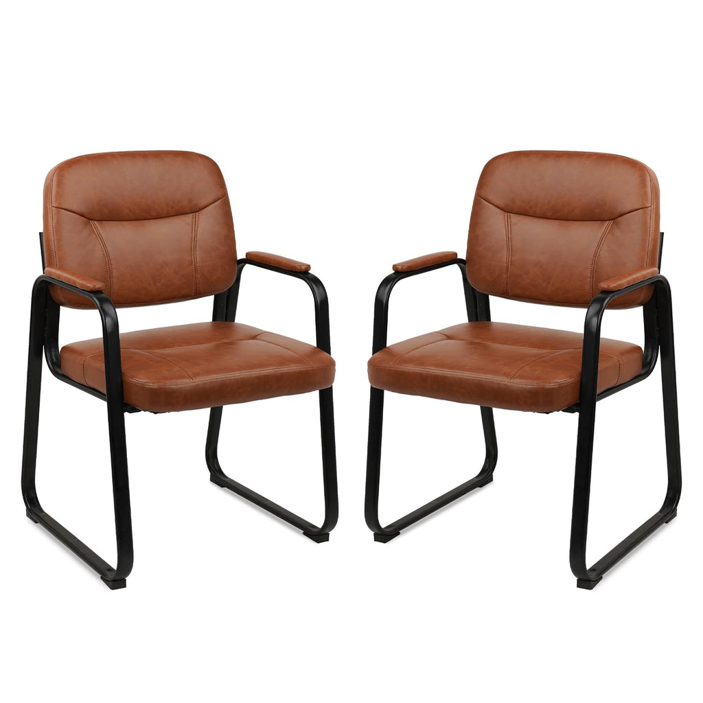 CLATINA Waiting Room Guest Chair with Bonded Leather Padded Arm Rest for Office Reception and Conference Desk Black with Sled Base Brown 1 Pack
