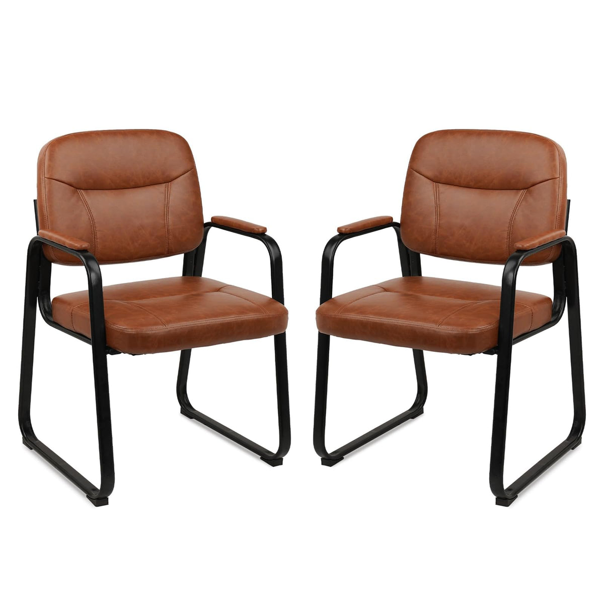 CLATINA Waiting Room Guest Chair with Bonded Leather Padded Arm Rest for Office Reception and Conference Desk Black with Sled Base Brown 1 Pack