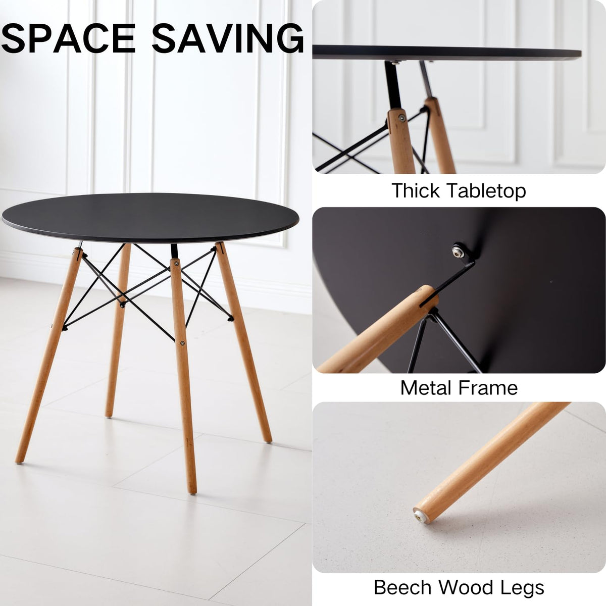 5-Piece Round Dining Set, 35.5" Black Table & Light Gray Chair