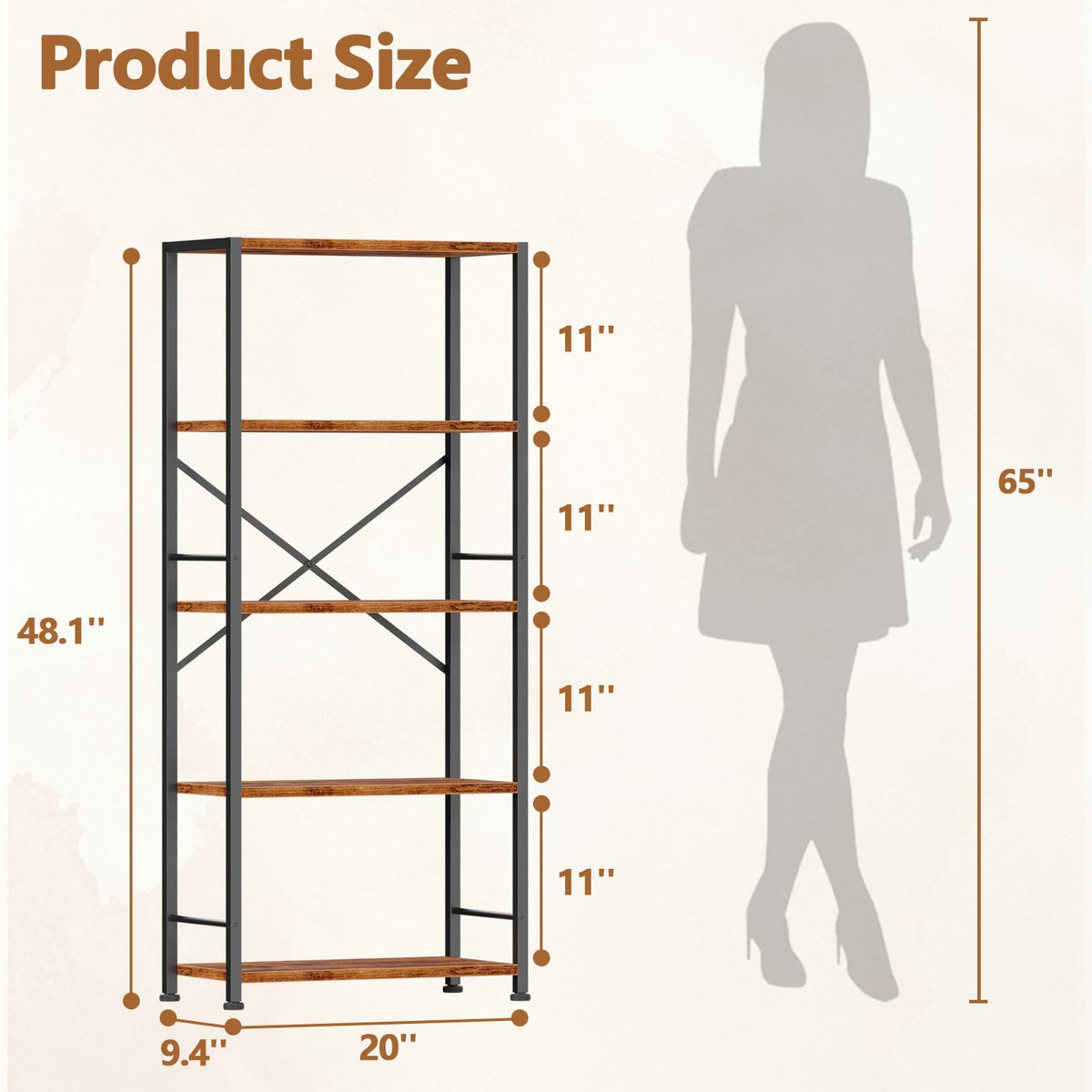 Furologee 5 Tier Book Shelf Set of 2, Tall Wide Bookshelf, Rustic Brown