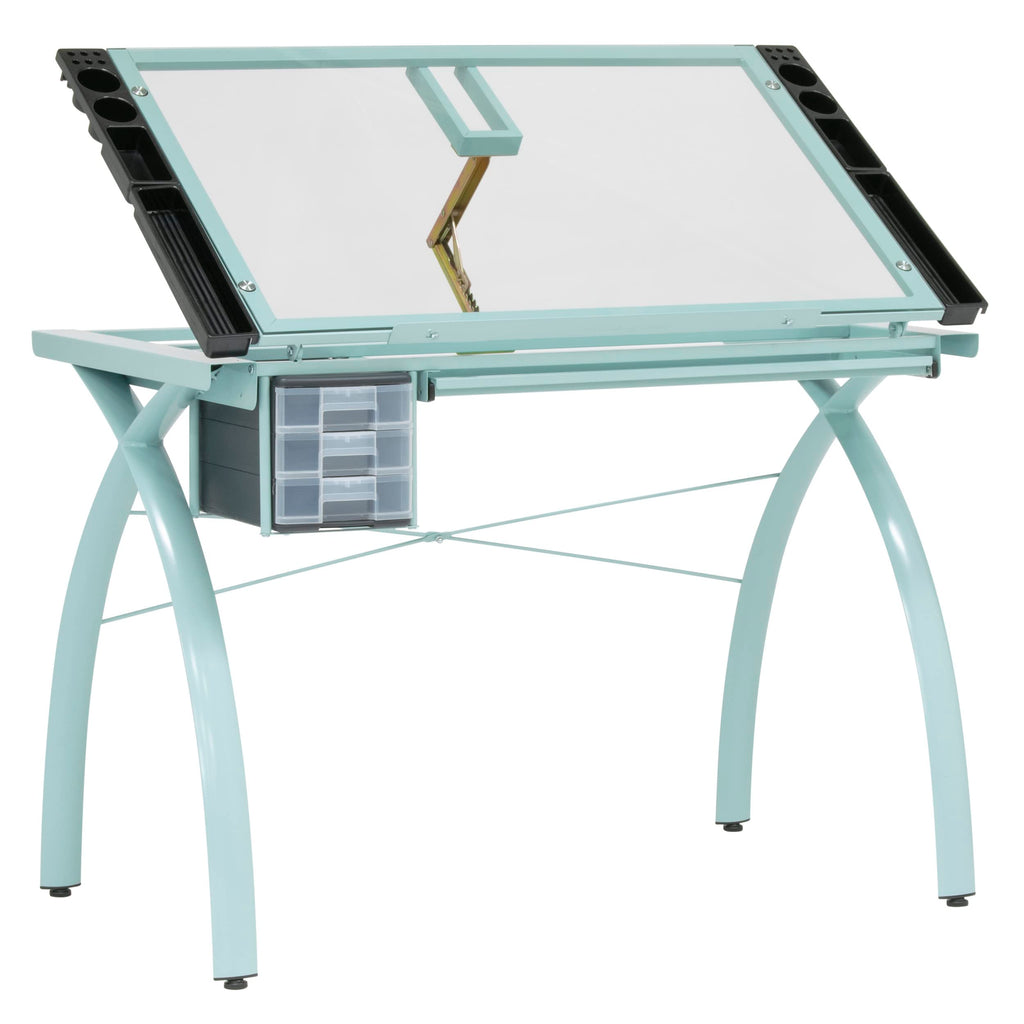 SD Studio Designs 10096 Futura Station with Folding Shelf Top Adjustable Drafting Craft Drawing Hobby Table Writing Studio Desk with Drawer, 35.5'' W x 23.75'' D, White/Clear Glass
