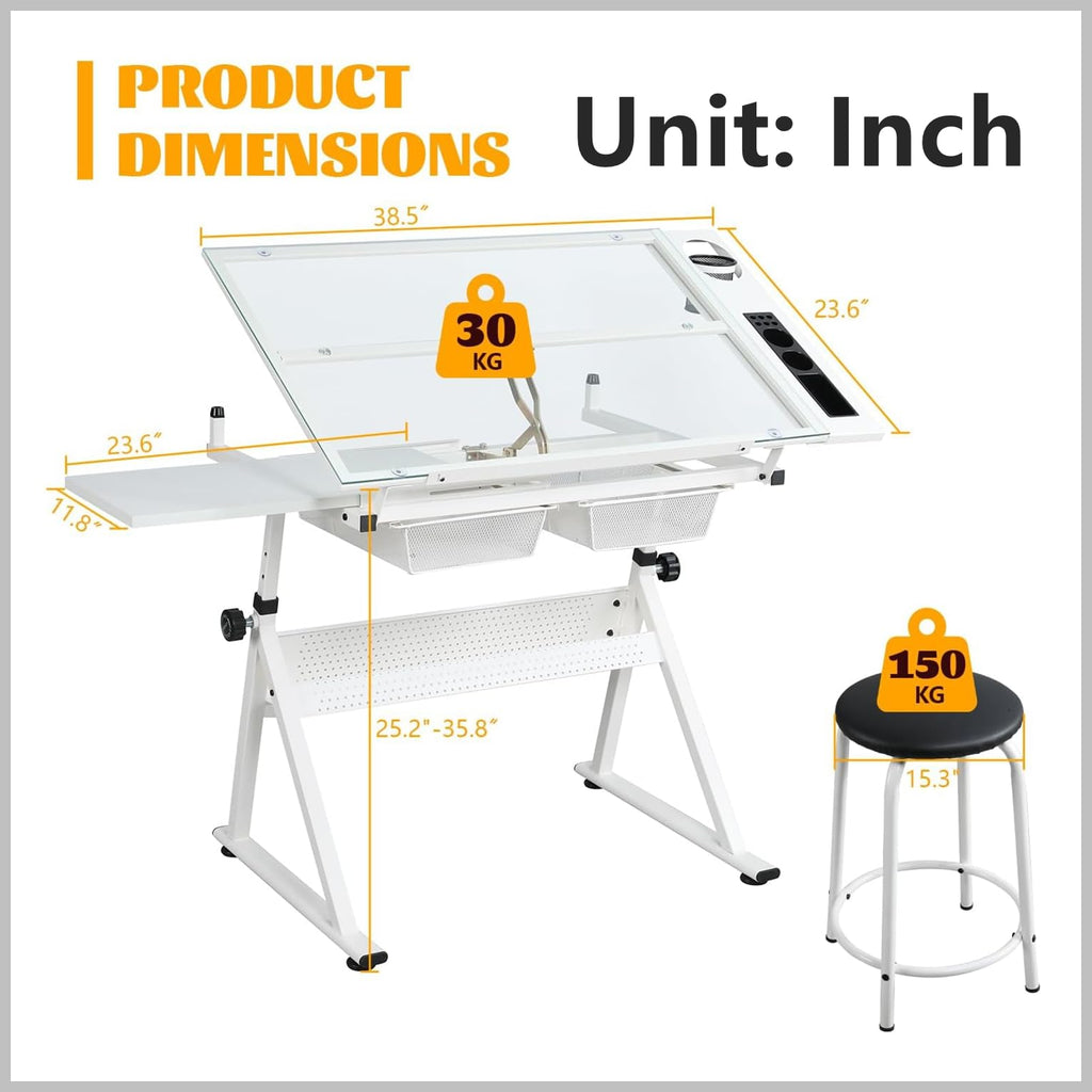 Drafting Table, Adjustable Height Drawing Table Art Table Painting Table Art Craft Desk with 0-75Â° Tilting Glass Tabletop and Storage Drawers, Black