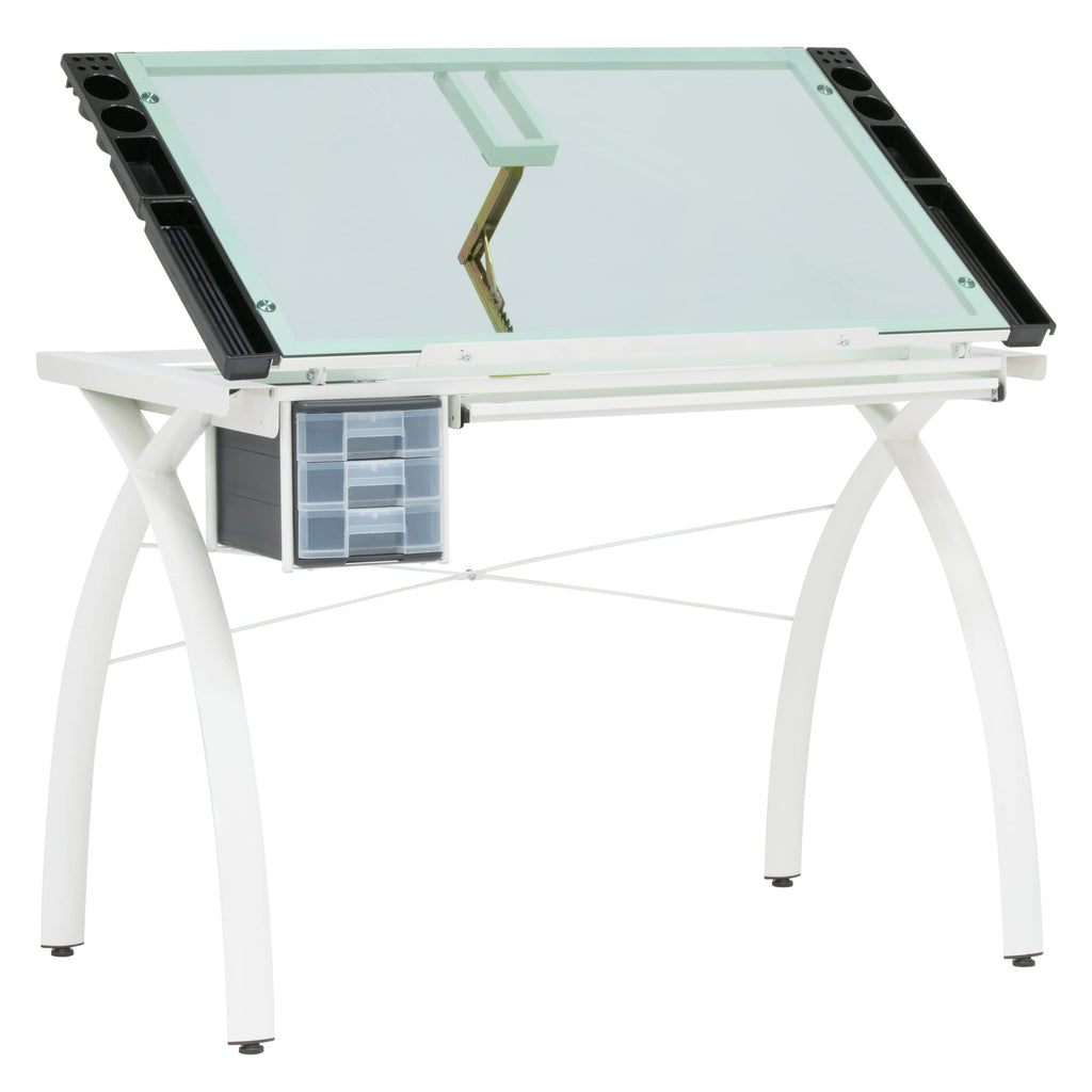 SD Studio Designs 10096 Futura Station with Folding Shelf Top Adjustable Drafting Craft Drawing Hobby Table Writing Studio Desk with Drawer, 35.5'' W x 23.75'' D, White/Clear Glass