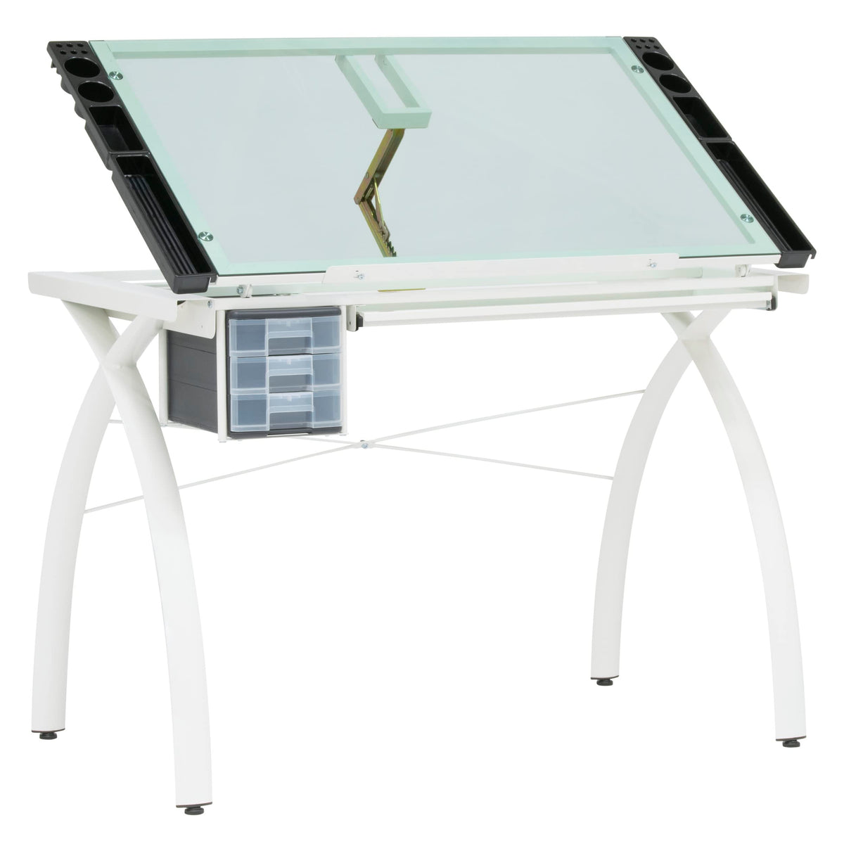 SD Studio Designs 10096 Futura Station with Folding Shelf Top Adjustable Drafting Craft Drawing Hobby Table Writing Studio Desk with Drawer, 35.5'' W x 23.75'' D, White/Clear Glass