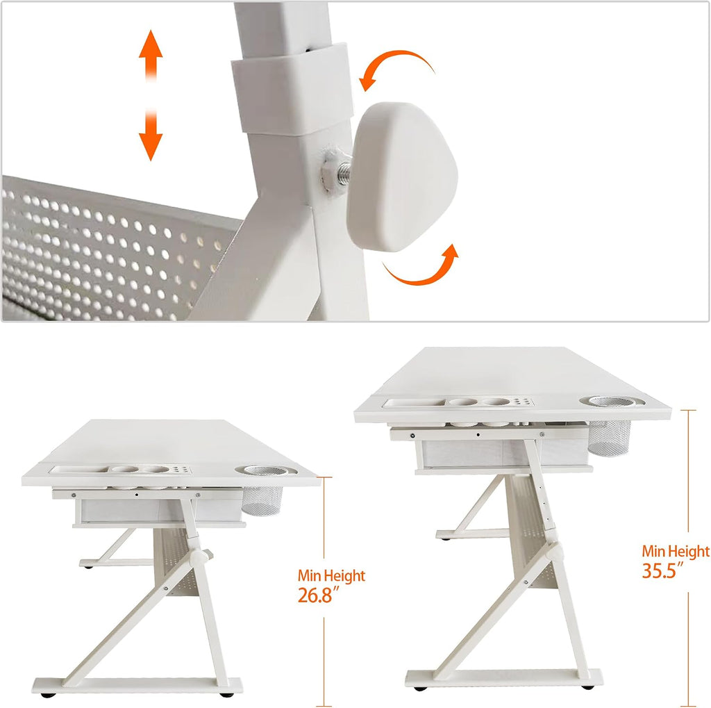 Height Adjustable Drafting Table with Stool, Drawing Art Desk with 2 Drawers, Artist Table with 75Â° Tilted Tabletop, Sketching Painting Artwork Station for Home Office School Reading, Crafting, White