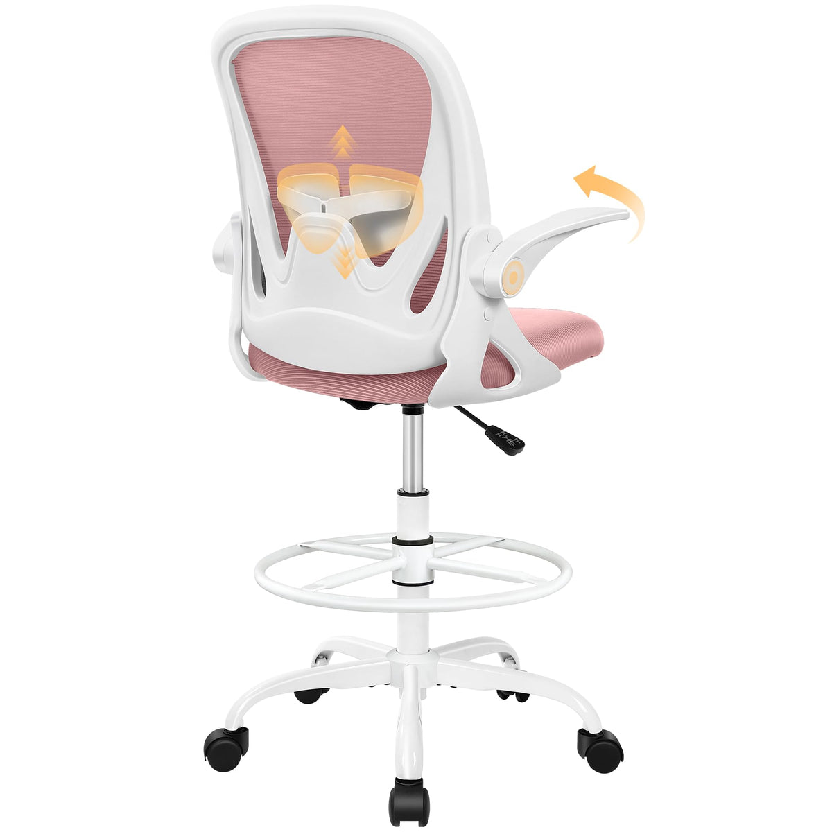 Drafting Chair Tall Office Chair with Flip-up Armrests, Adjustable Height, and Enhanced Lumbar Support - Ergonomic Rolling Stool, Back Support, and Adjustable Foot Rest Ring for Standing Desk White