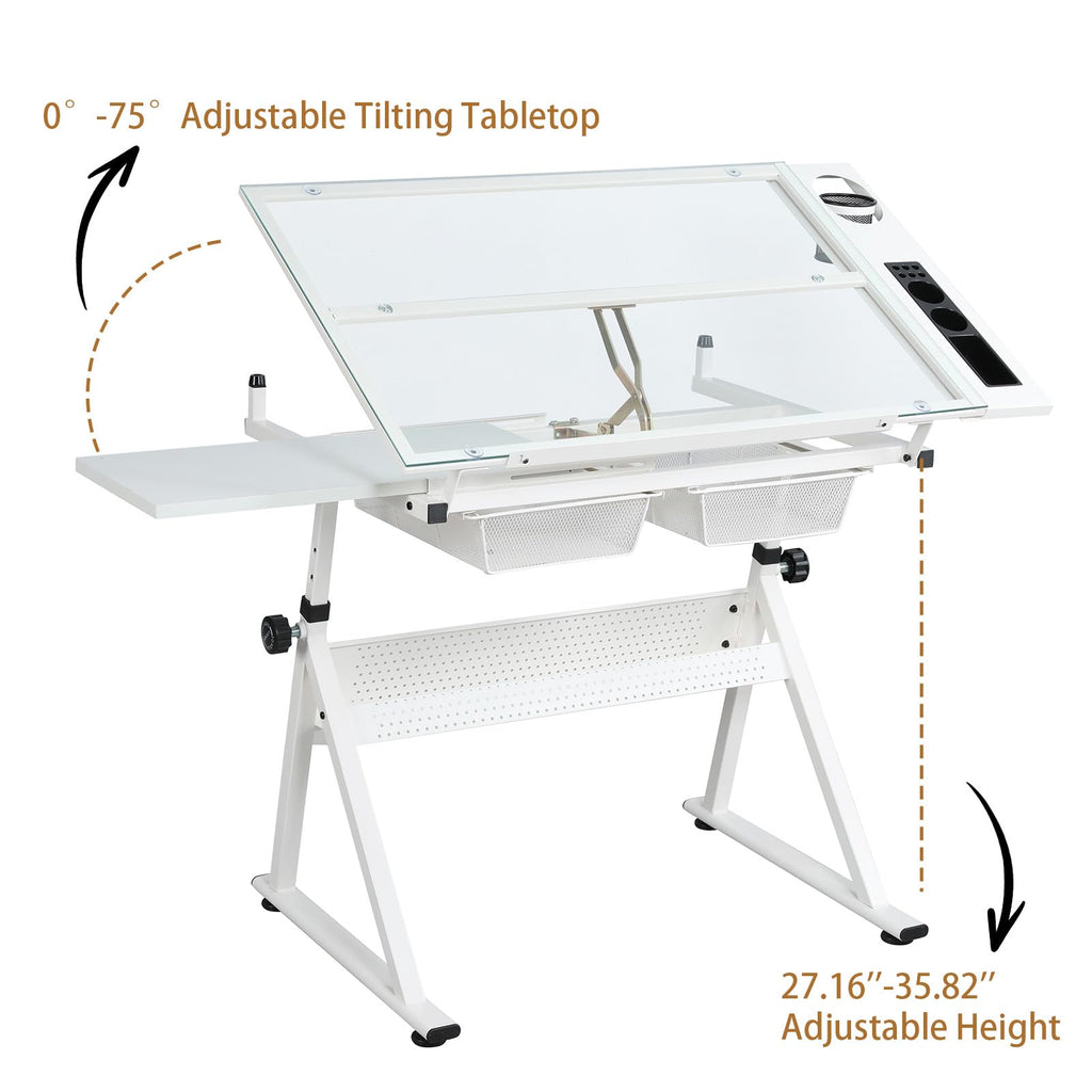 Drafting Table and Stool Set for Adults/Artists, Drawing Table with Adjustable Tabletop and Height, Art Workstation for Painters Crafting Reading Writing Home Office, All White