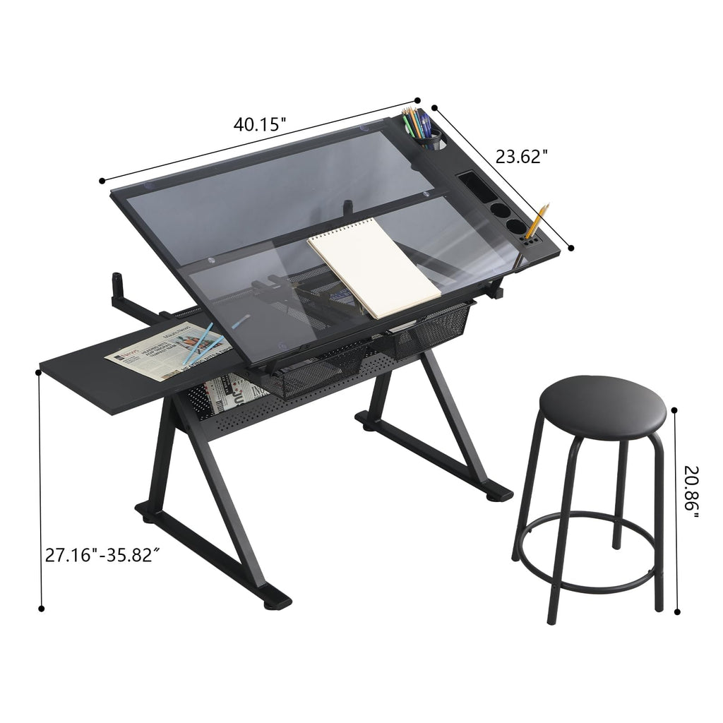 White Drafting Table with Stool Height Adjustable Art Craft Desk with Storage, Tilting Tempered Glass Tabletop, Expansion Board, Drawing Table for Home Office, Artists, Painters