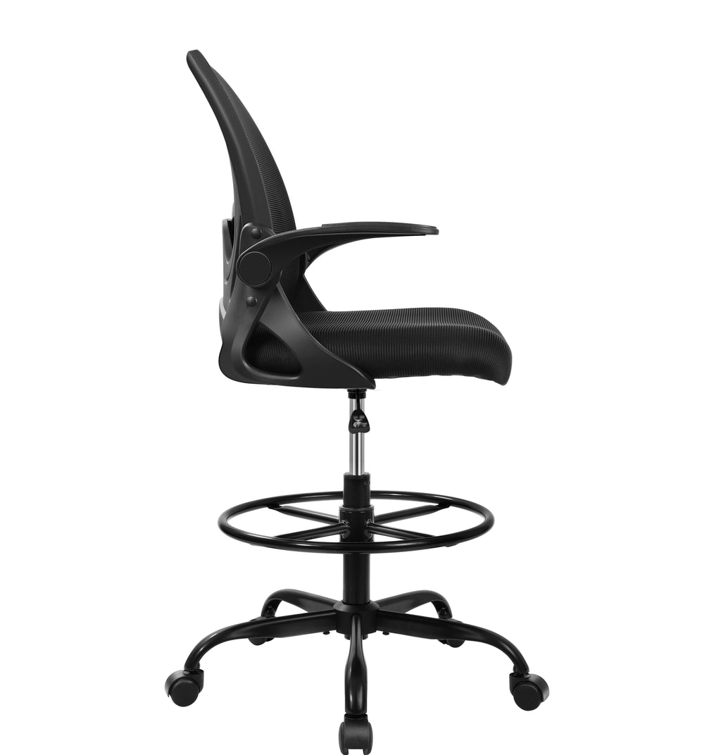 Drafting Chair Tall Office Chair with Flip-up Armrests, Adjustable Height, and Enhanced Lumbar Support - Ergonomic Rolling Stool, Back Support, and Adjustable Foot Rest Ring for Standing Desk White